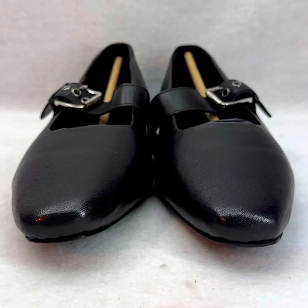 Topshop Cyndi Leather Square Toe Ballet Flats Shoes With Buckle Black size 7.5